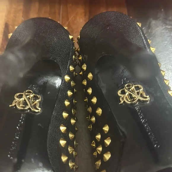 Rock Republic Black Stilettos Gold Studded Peep Toe Platform Shoes Women's 37 - Picture 6 of 7